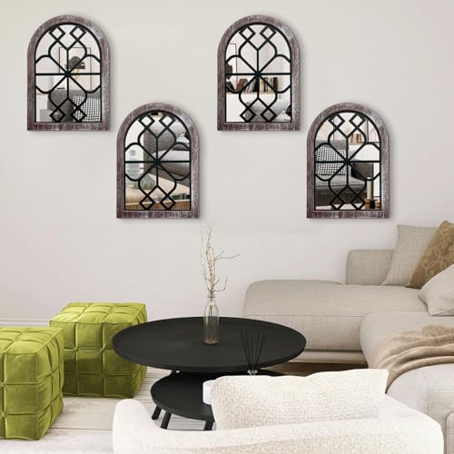 4 Set Arched Window Mirror Wall Decor, Wood Framed Distressed White E428