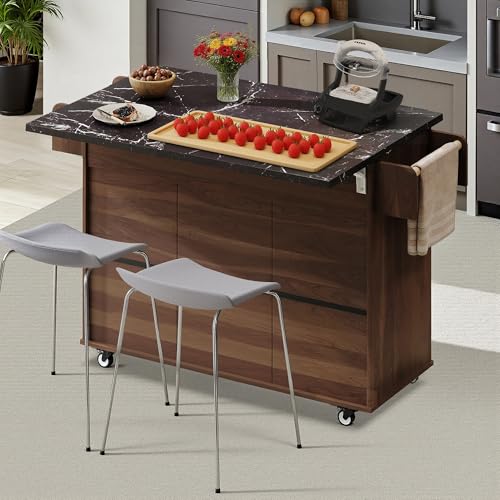 Kitchen Island Cart with Trash Can Storage, Drop Leaf, Drawers, Adjustable Shelves, Lockable Wheels M305280