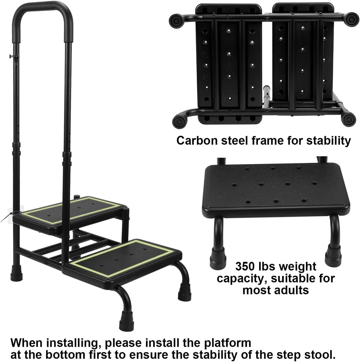 2 Step Stool with Handle, Heavy Duty Step Stool with 4 Fixing Buckle and Adjustable Handrail U1434
