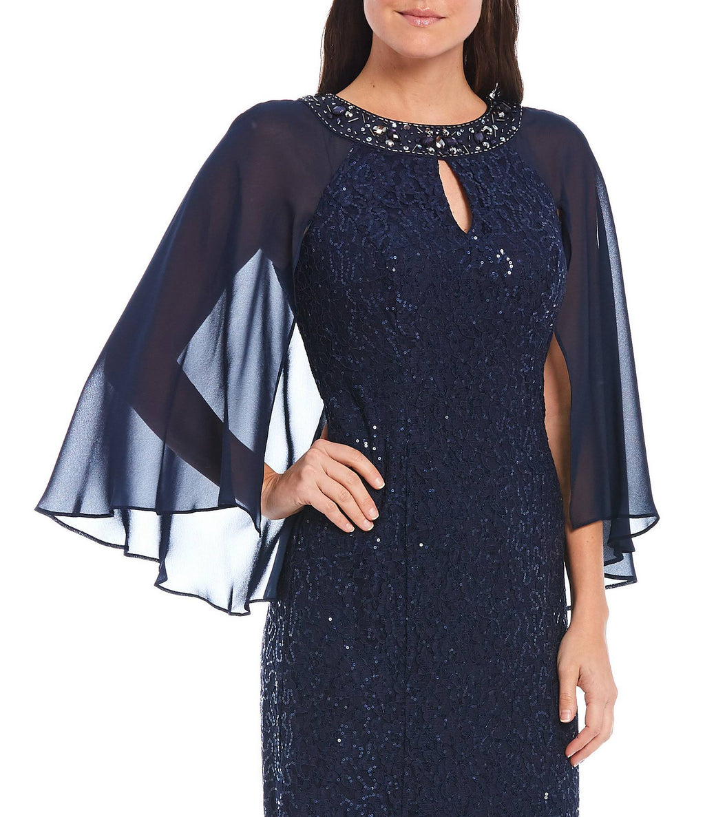 Sequin Lace Chiffon Capelet Gown A729769