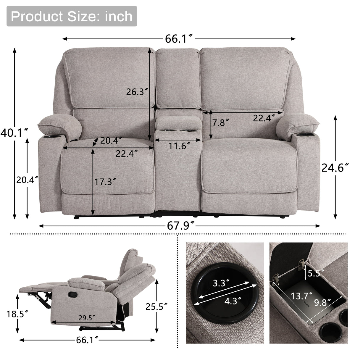 Light Gray 2 Seater Manual Reclining Sofa with Cup Holders Y67177
