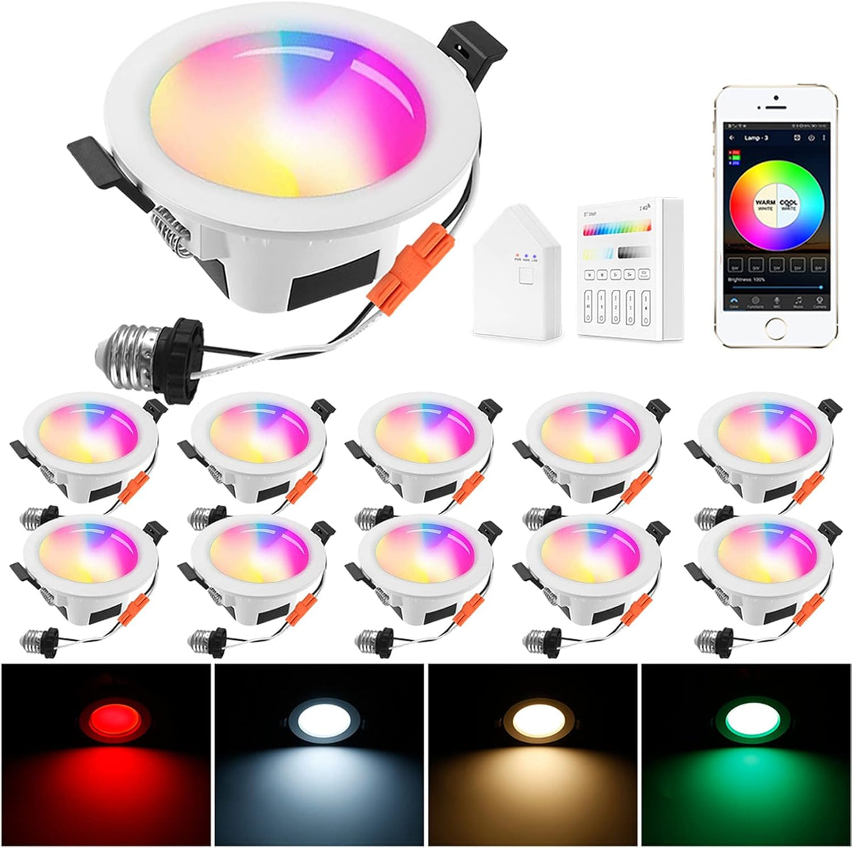 6 Inch RGBCW Dimmable LED Recessed Downlight, 4 Pack G623717