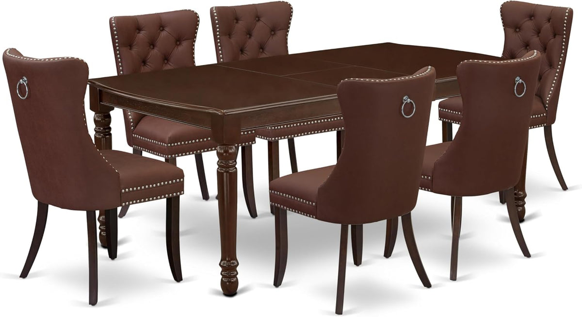 7 Piece Rectangle Wood Dining Table Set with 6 Upholstered Chairs, Mahogany Q8919