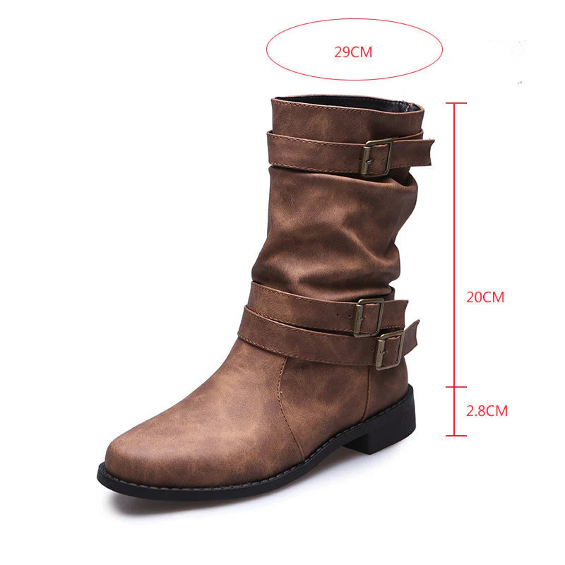 Buckle-Accented Mid-Calf Flat Boots I1729