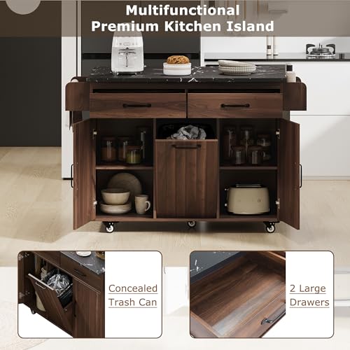 Kitchen Island Cart with Trash Can Storage, Drop Leaf, Drawers, Adjustable Shelves, Lockable Wheels M305280