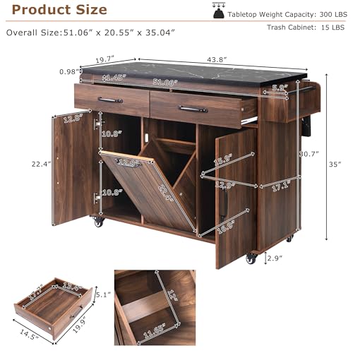 Kitchen Island Cart with Trash Can Storage, Drop Leaf, Drawers, Adjustable Shelves, Lockable Wheels M305280