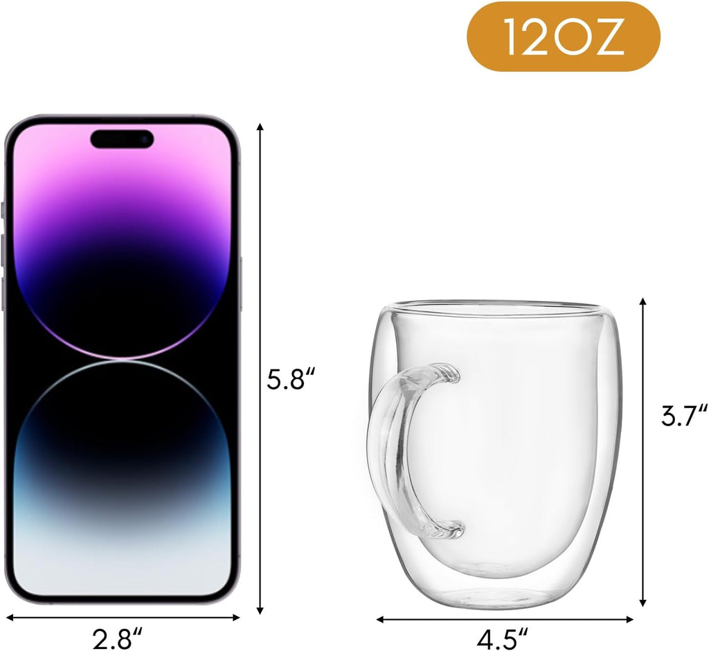 12oz Clear Glass Double Walled Coffee Mugs Set of 2 I814