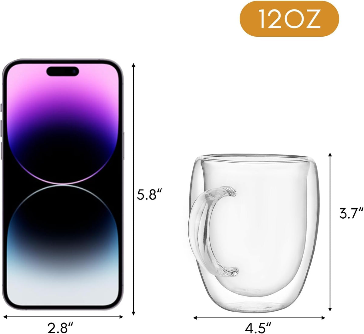 12oz Clear Glass Double Walled Coffee Mugs Set of 2 I814