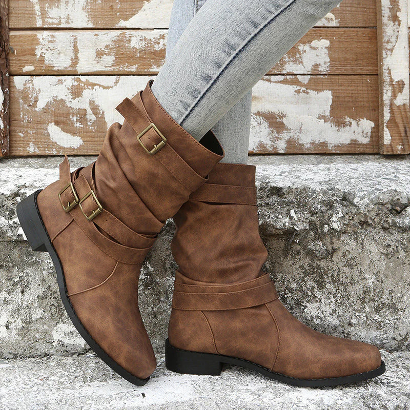 Buckle-Accented Mid-Calf Flat Boots I1729