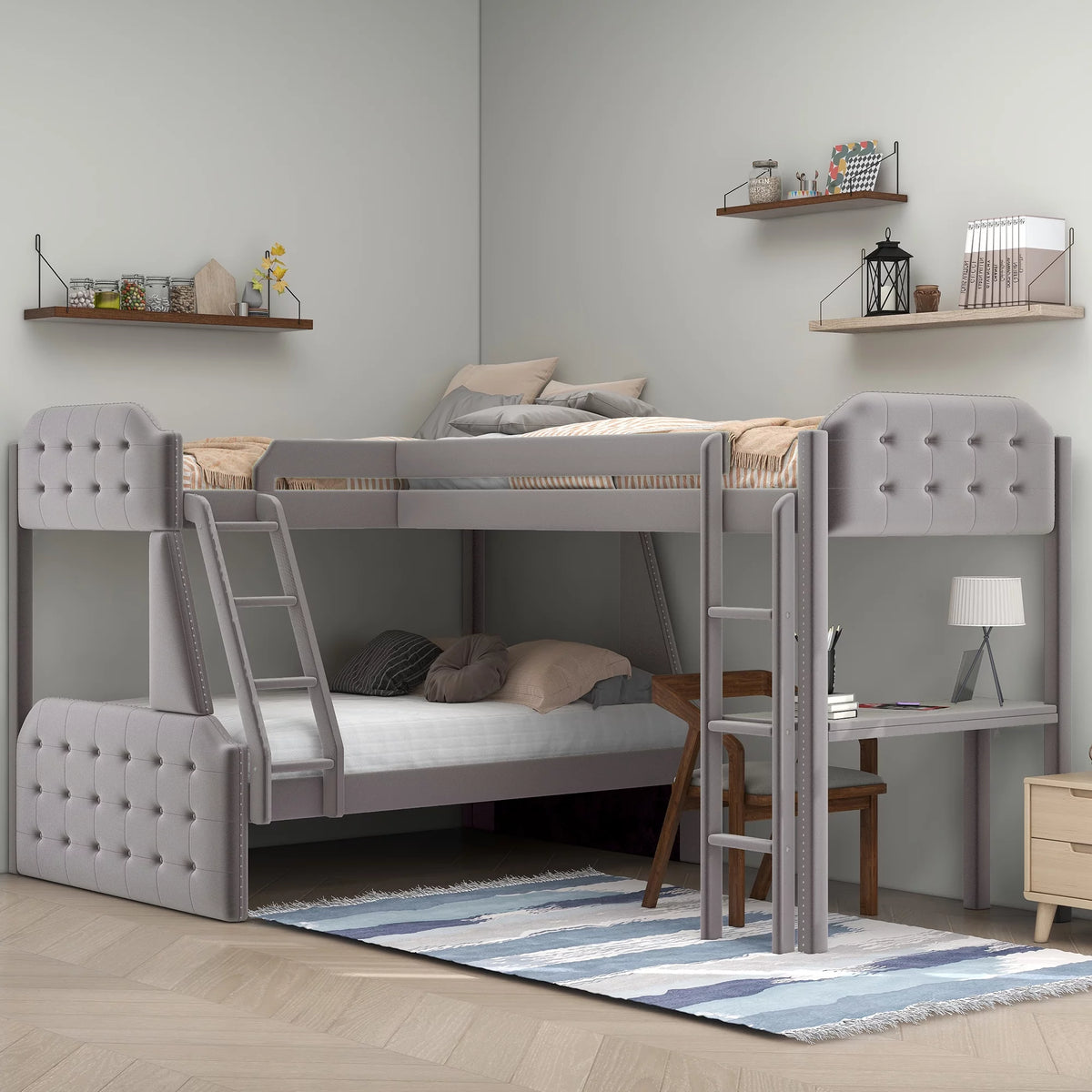 Gray Twin over Full Upholstered Bunk Bed with Desk M91714