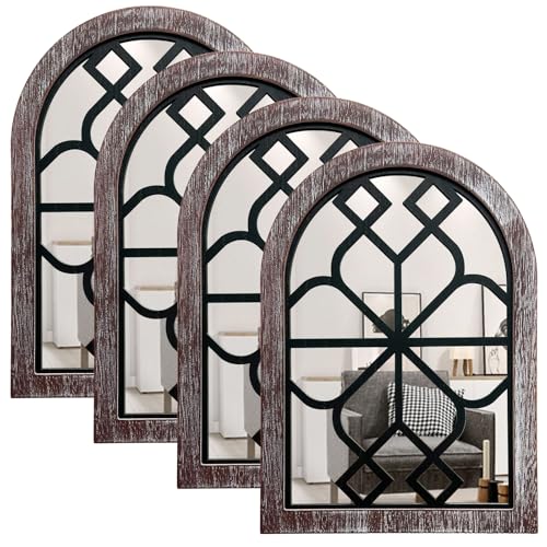 4 Set Arched Window Mirror Wall Decor, Wood Framed Distressed White E428