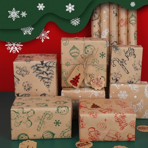 5 Rolls 17" x 120" Vintage Kraft Christmas Wrapping Paper Set H102947