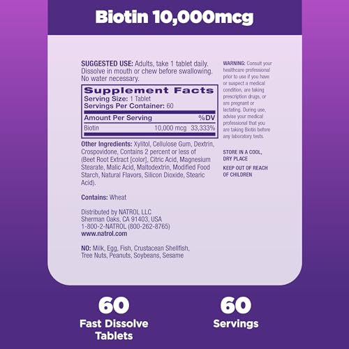Biotin 10000mcg Dietary Supplement, 200 Tablets K912