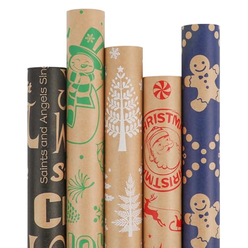5 Rolls 17" x 120" Vintage Kraft Christmas Wrapping Paper Set H102947
