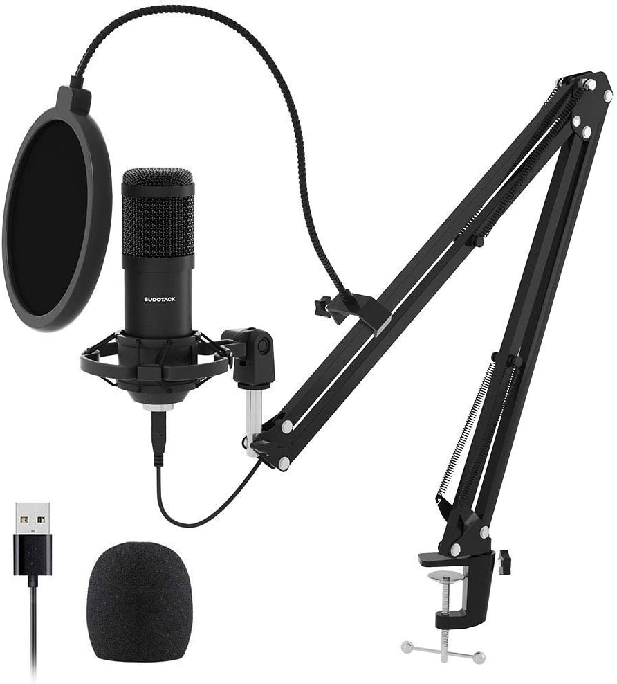 Professional Studio Cardioid Condenser Microphone Kit with Sound Card Boom Arm Shock Mount Pop Filter, Pack of 2 G9093