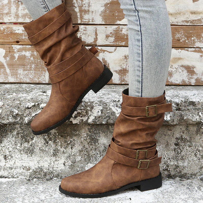Buckle-Accented Mid-Calf Flat Boots I1729