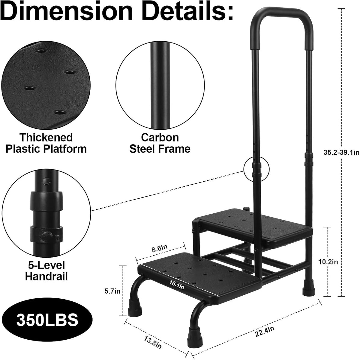 2 Step Stool with Handle, Heavy Duty Step Stool with 4 Fixing Buckle and Adjustable Handrail U1434