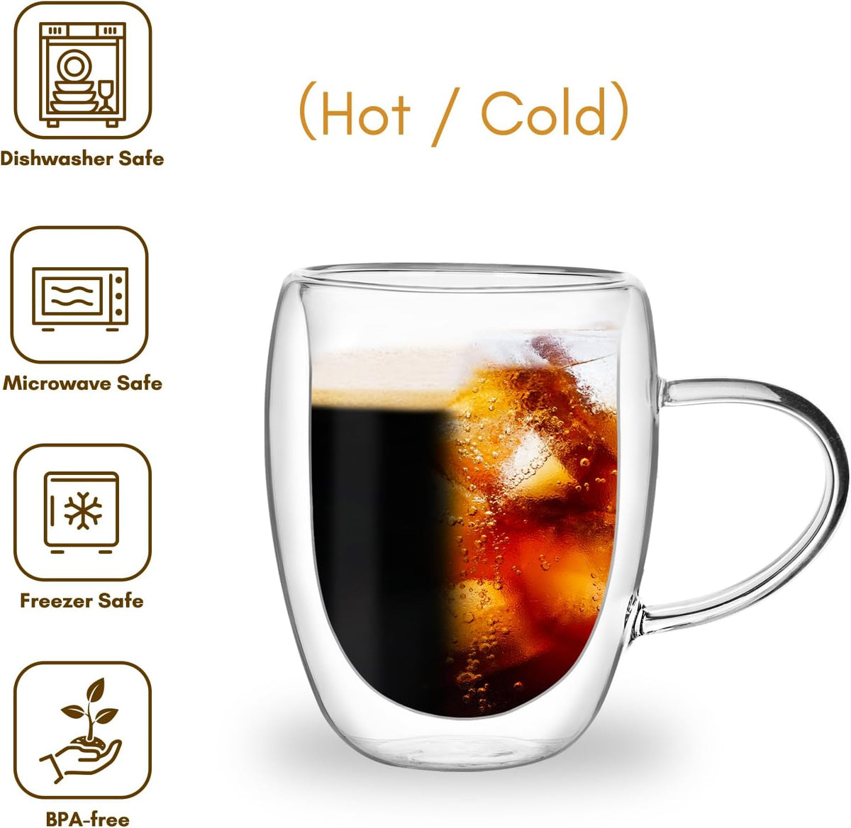 12oz Clear Glass Double Walled Coffee Mugs Set of 2 I814