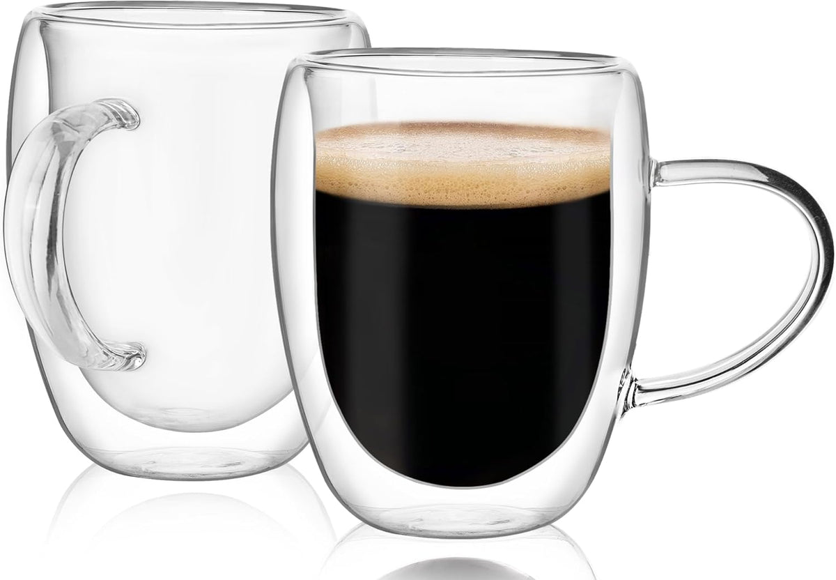 12oz Clear Glass Double Walled Coffee Mugs Set of 2 I814