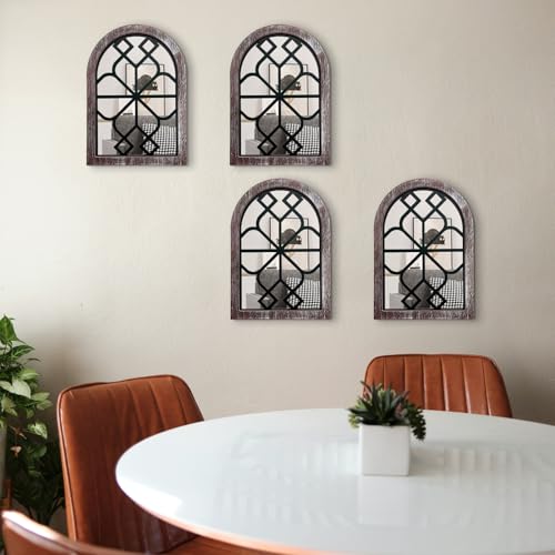 4 Set Arched Window Mirror Wall Decor, Wood Framed Distressed White E428