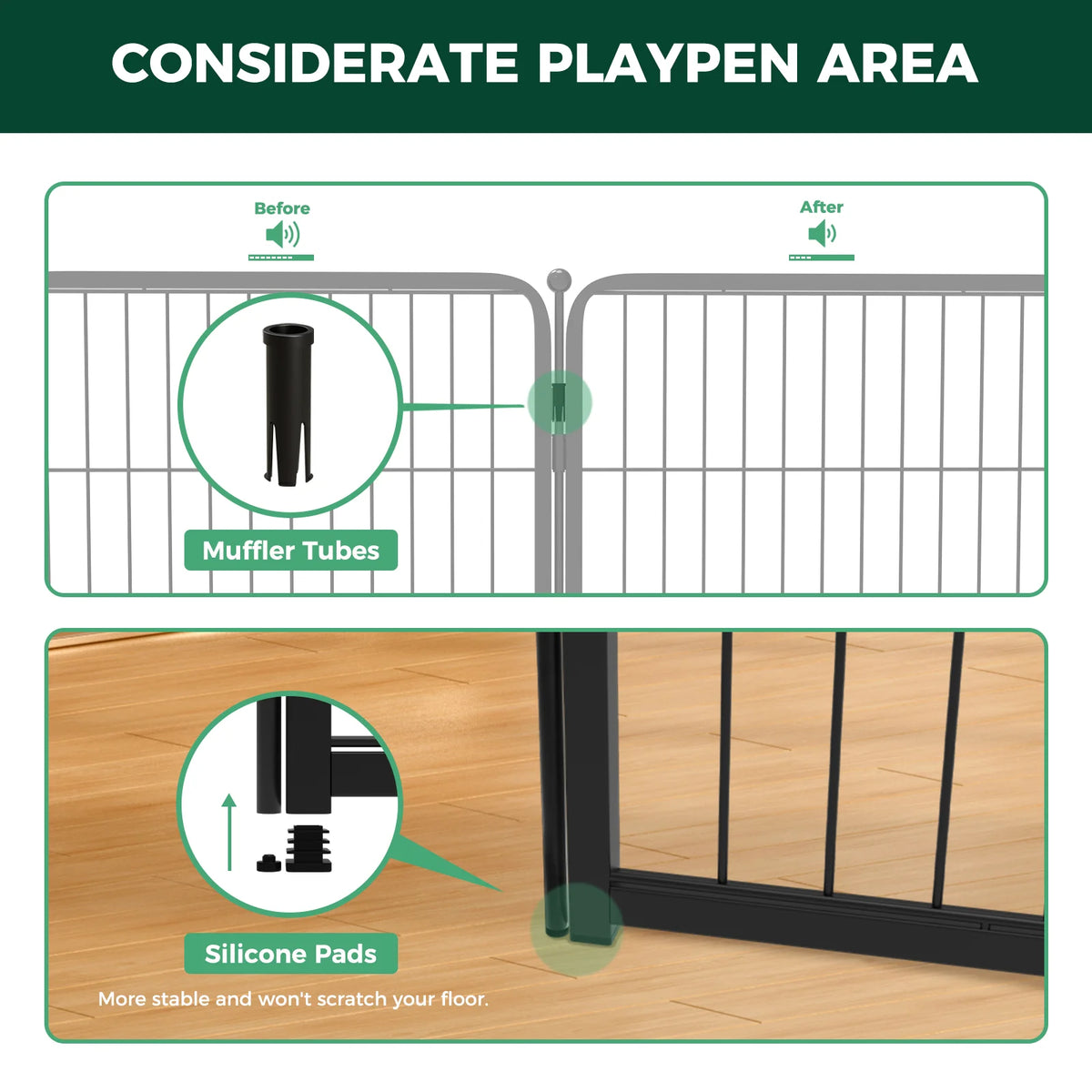 8 Panel 32" Height Dog Playpen with Silicone Foot Pads and Muffler Tubes W831571
