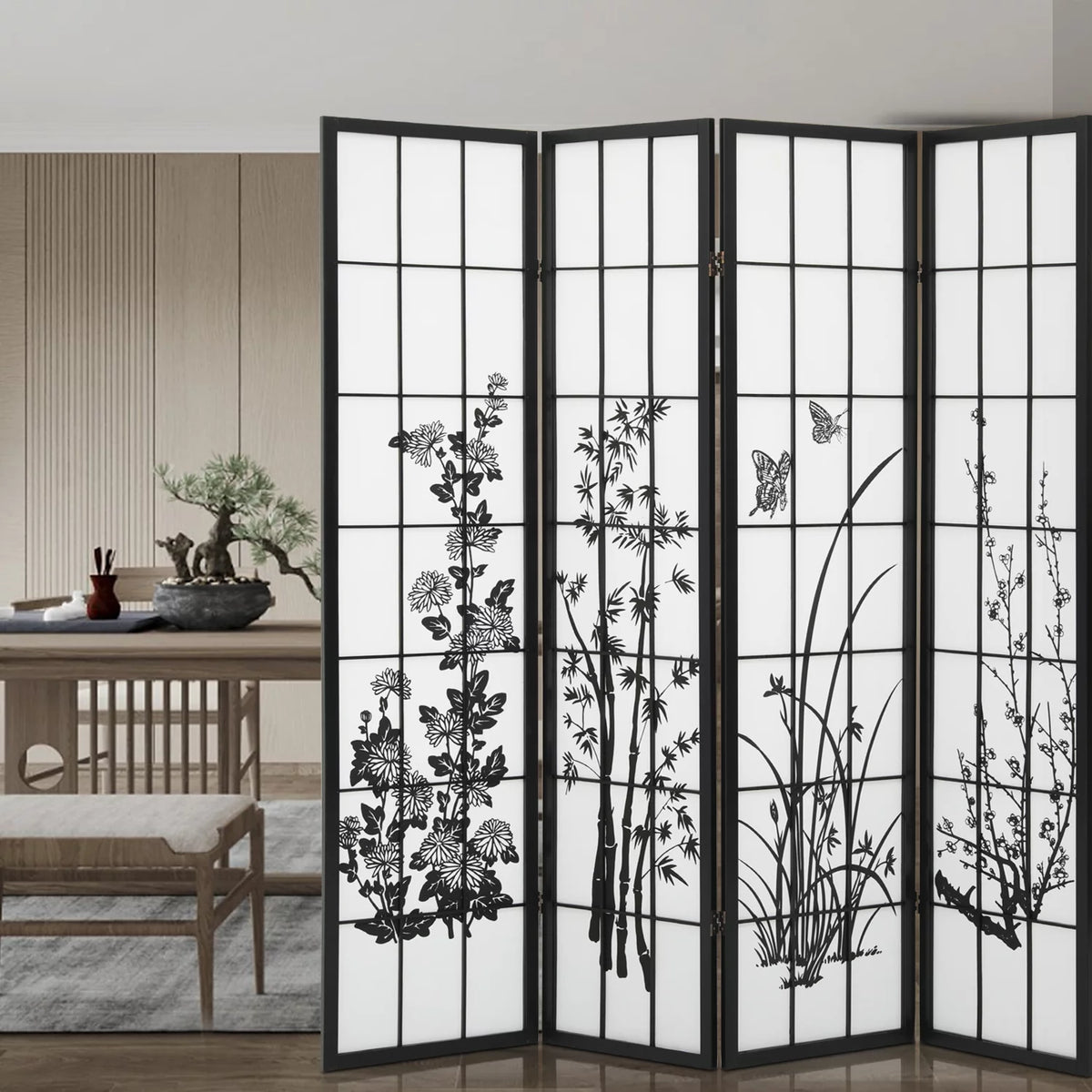 4 Panel Wood Foldable Room Divider D4187