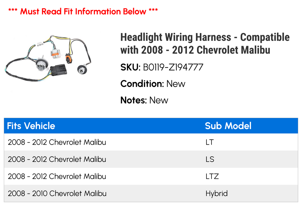 Headlight Wiring Harness for 2008-2012 Chevy Malibu P20314