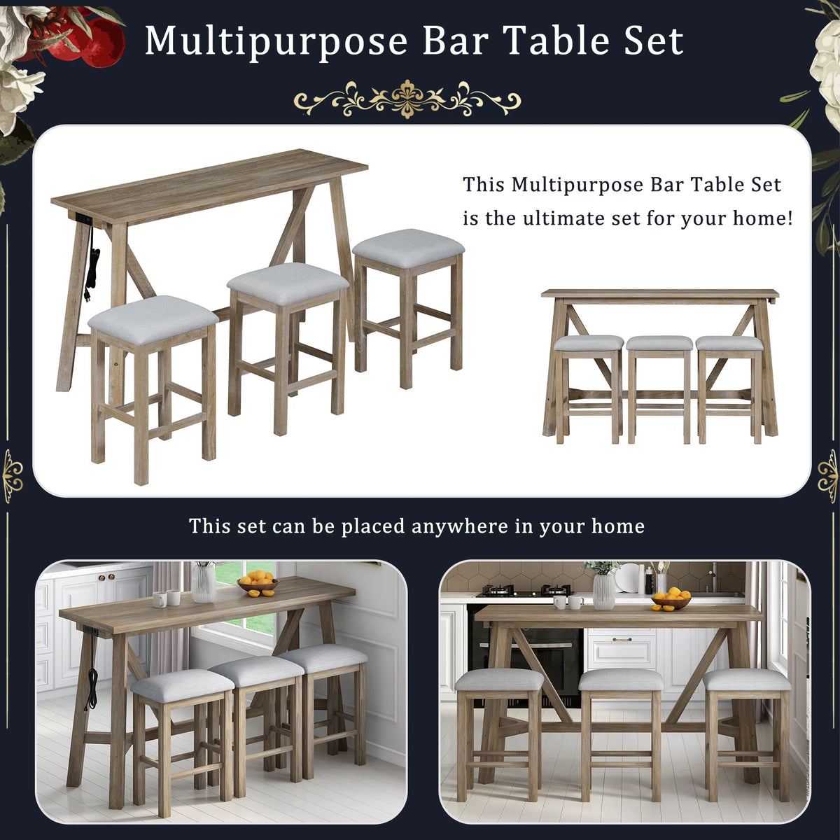 Natural Wood Wash Dining Bar Table Set with 3 Upholstered Stools P517029