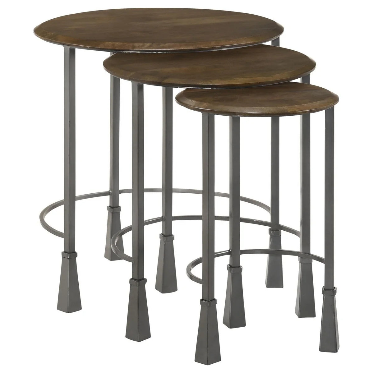 3 Piece Round Nesting End Table Set Gray Iron Legs Mango Brown Wood L528