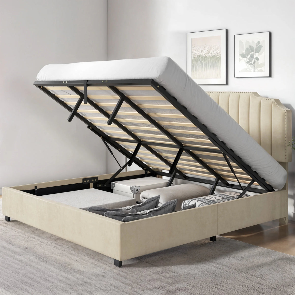 King Lift Up Storage Velvet Upholstered Platform Bed Frame L56597