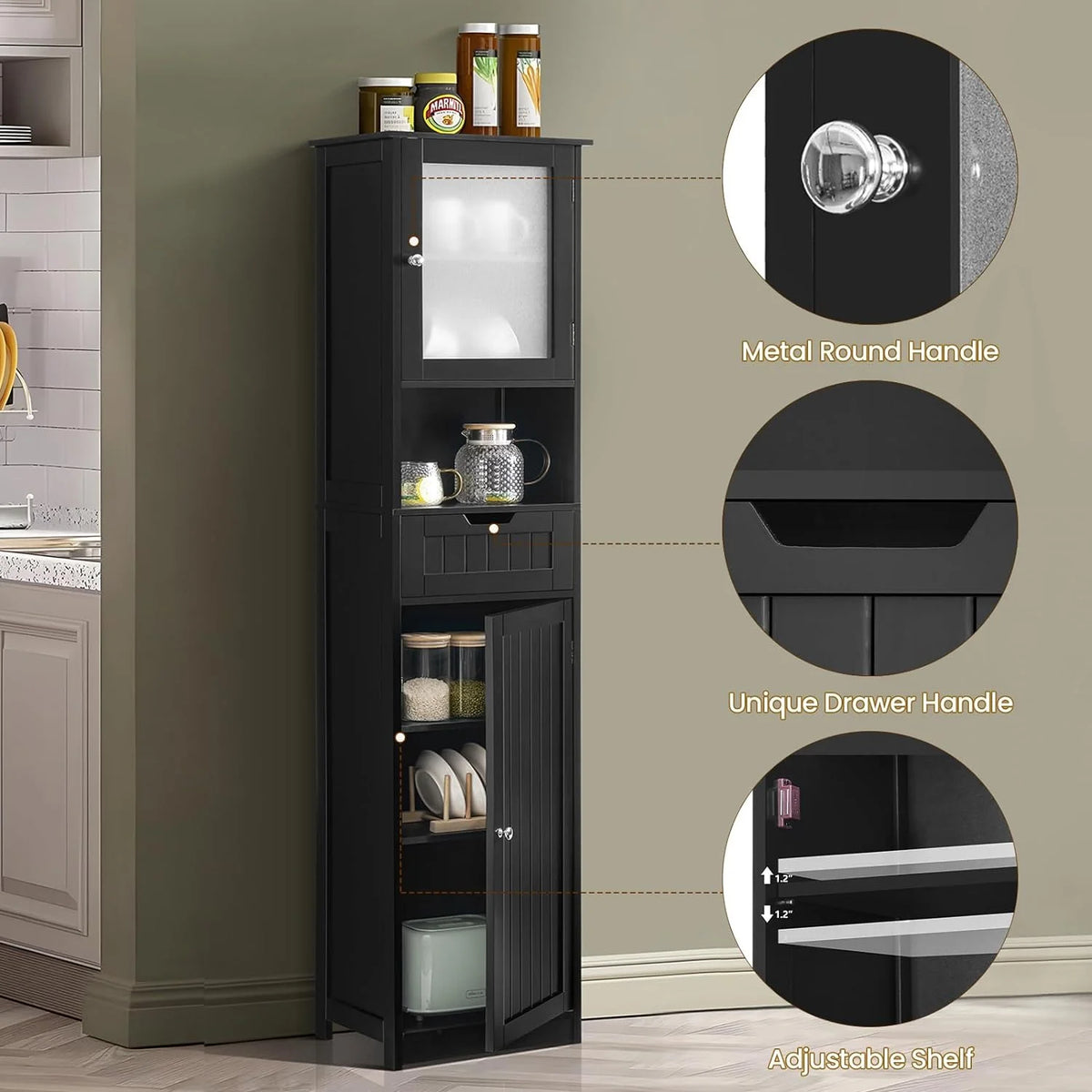 67.2" H Black Bathroom Storage Cabinet with 2 Doors & 1 Drawer T1408