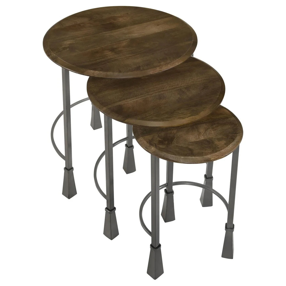 3 Piece Round Nesting End Table Set Gray Iron Legs Mango Brown Wood L528