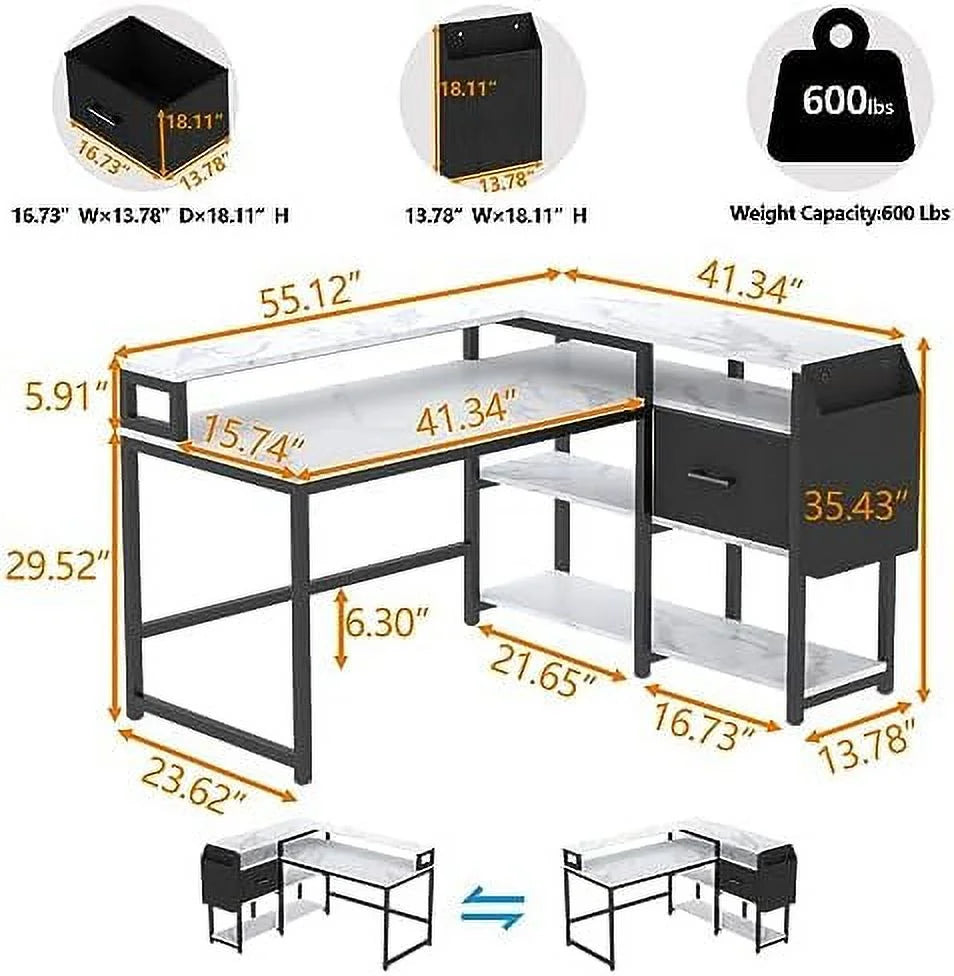 Reversible L Shaped Desk with Drawer 55" W x 41" D Industrial Corner Computer Desk with 4 Tier Shelves M42676