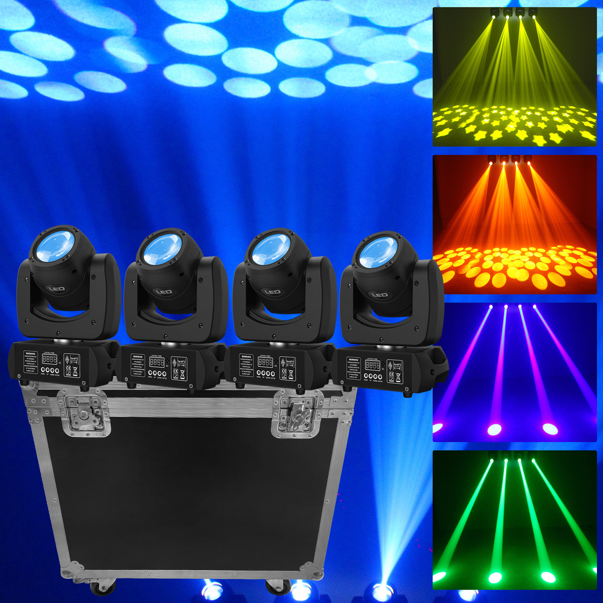 4pcs Stage Light with Flightcase, 18 Prism Beam Gobo Moving Head Light, COB LED DJ Lighting T1317
