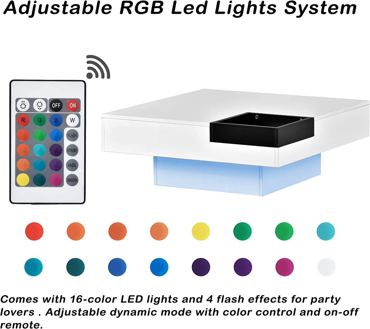 Square LED Coffee Table with 16 Colors and Detachable Tray W54456