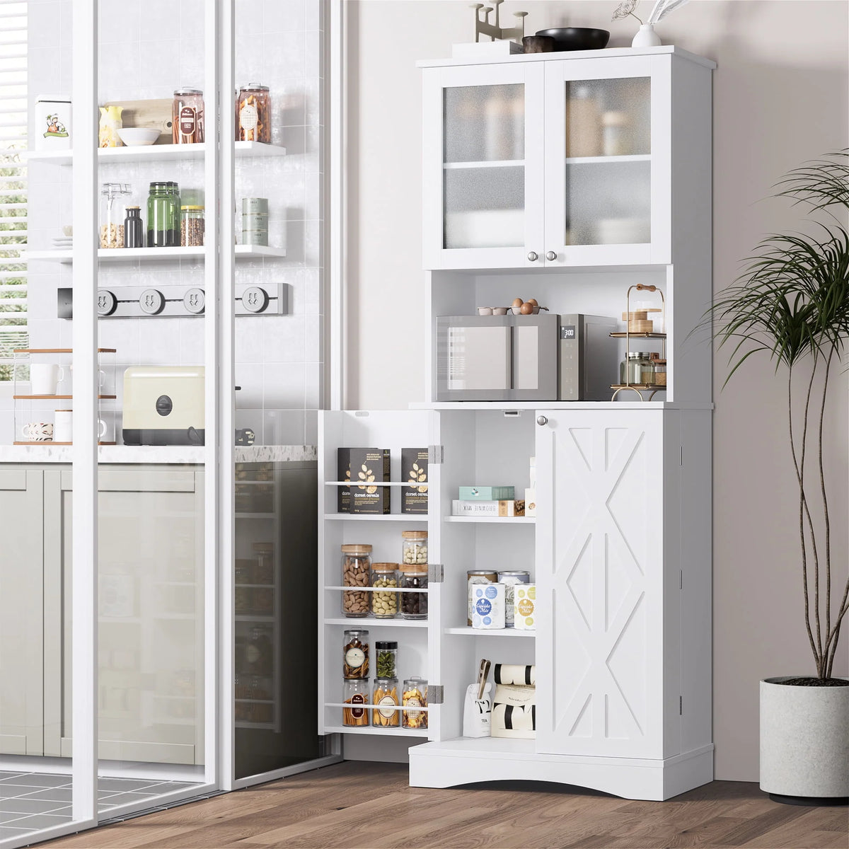 63'' White 4 Door Kitchen Storage Cabinet with Adjustable Shelves P298575