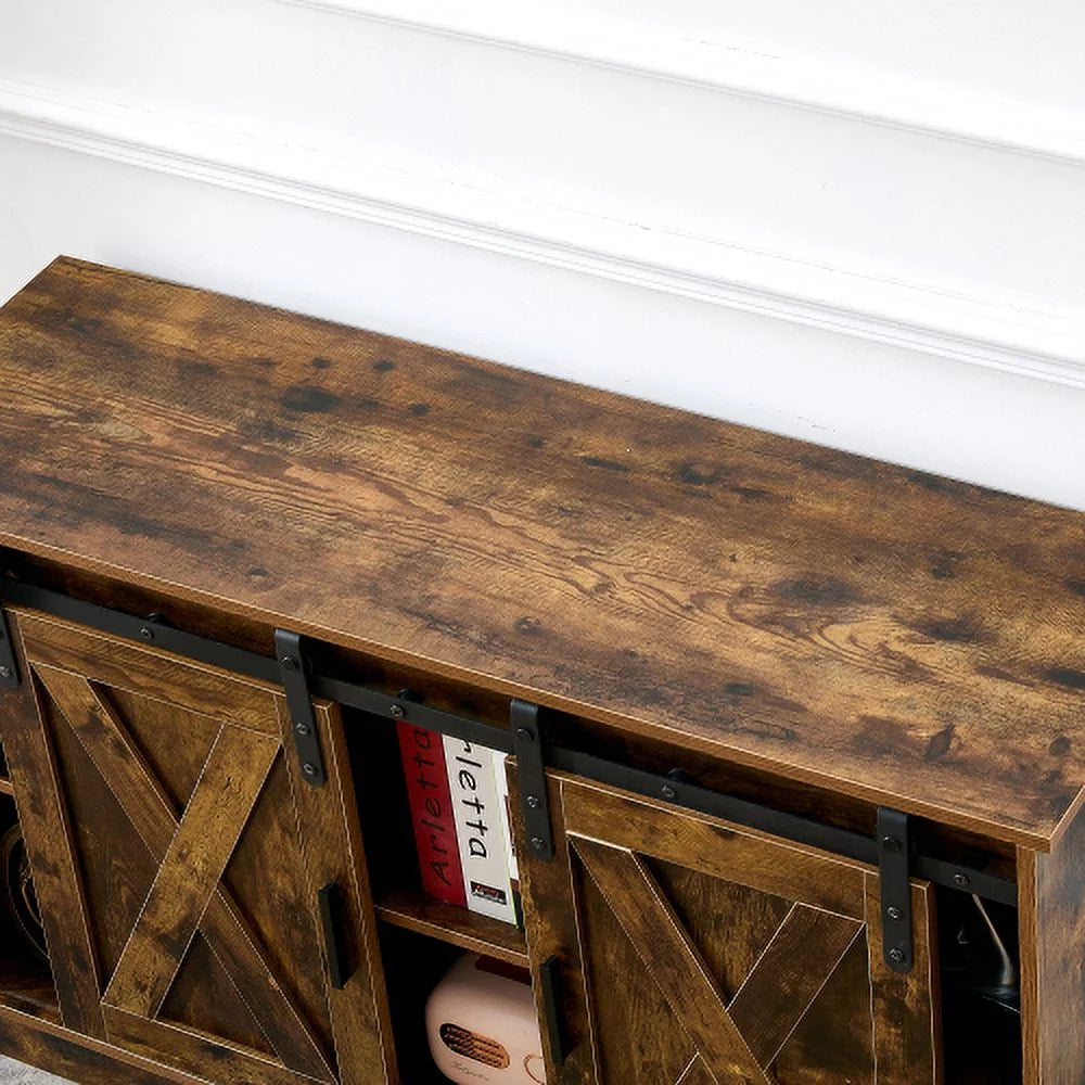 Wooden TV Stand with Storage Cabinet & 2 Sliding Barn Doors N51813