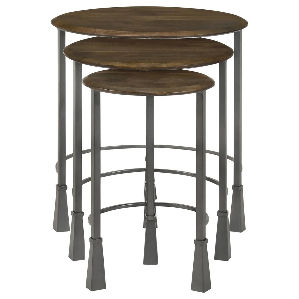 3 Piece Round Nesting End Table Set Gray Iron Legs Mango Brown Wood L528