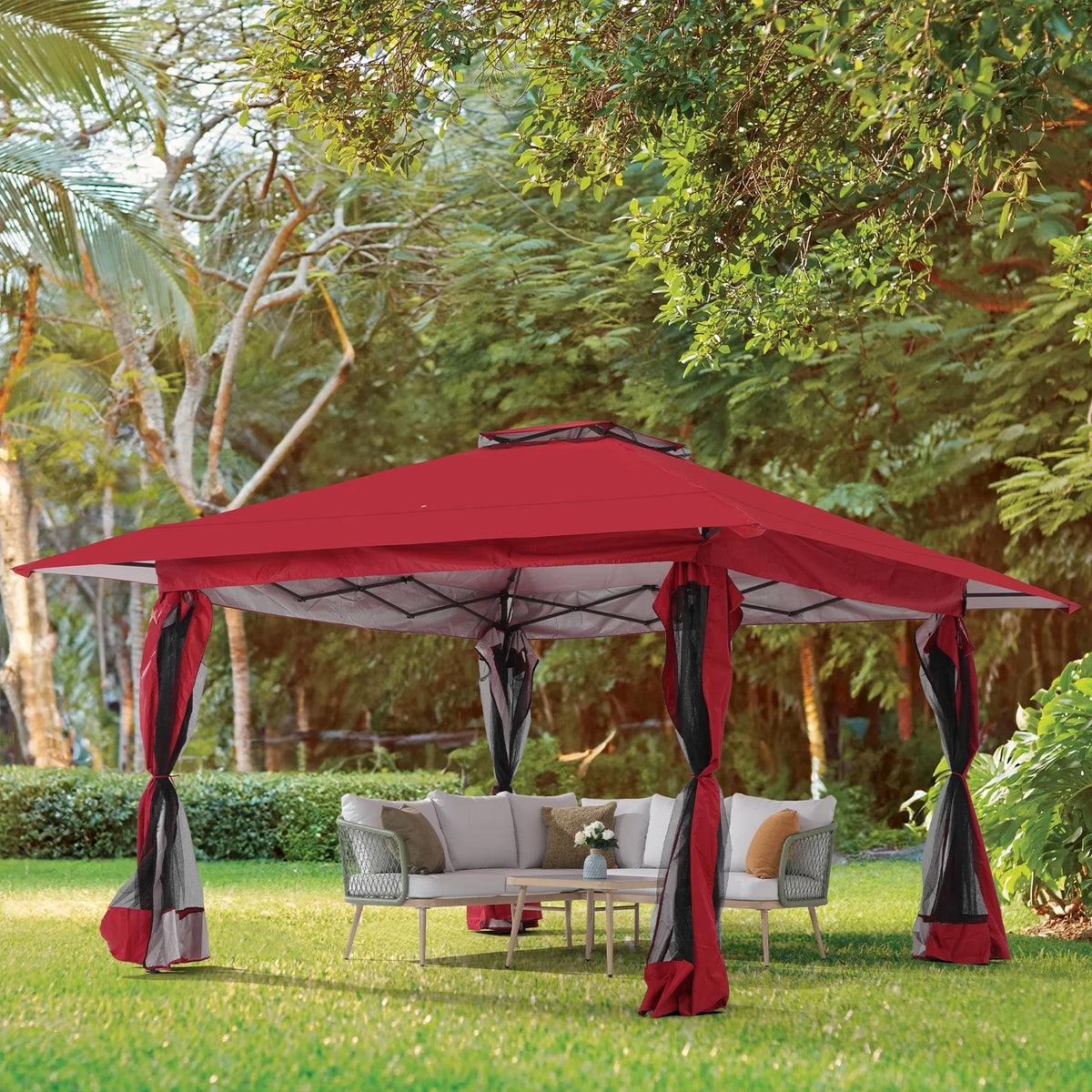 13'x13' Pop Up Gazebo with Netting Walls and Vented Roof Canopy, Beige J915