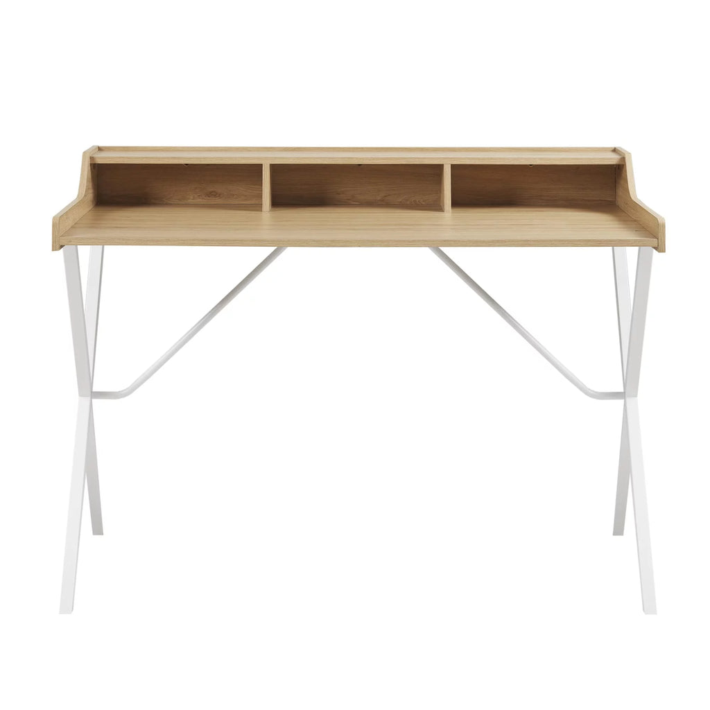 Modern Writing Desk with 3 Built-in Cubbies Storage and Metal Leg in Natural White S60678