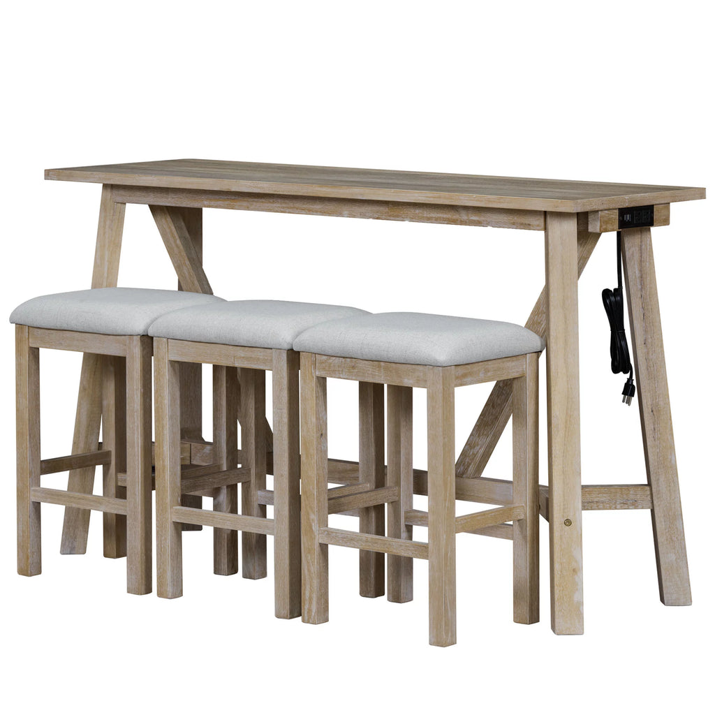 Natural Wood Wash Dining Bar Table Set with 3 Upholstered Stools P517029