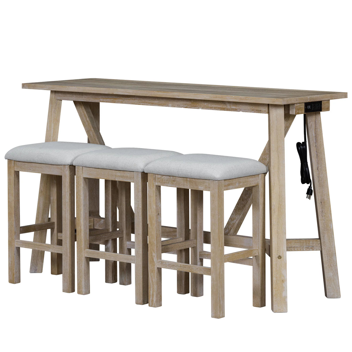 Natural Wood Wash Dining Bar Table Set with 3 Upholstered Stools P517029