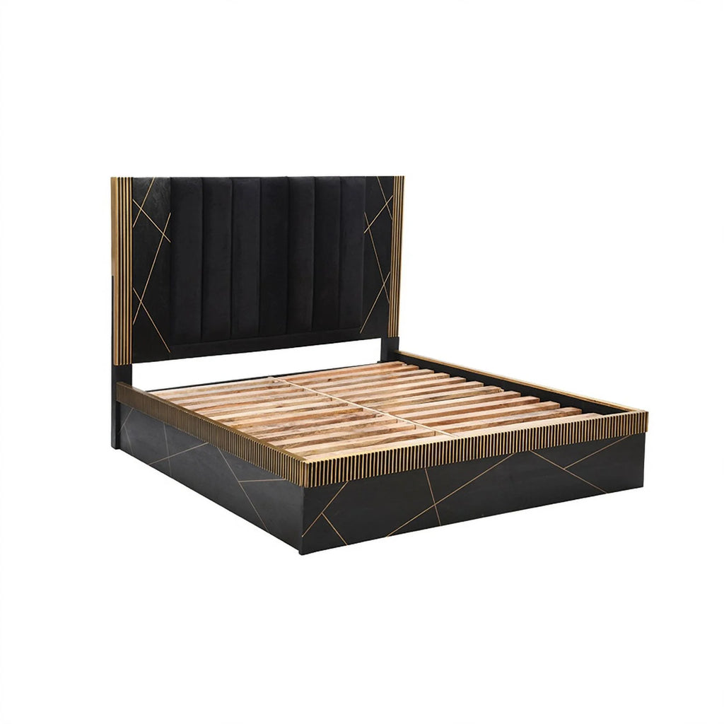 Queen Bed with Wood in Black/Gold M1354