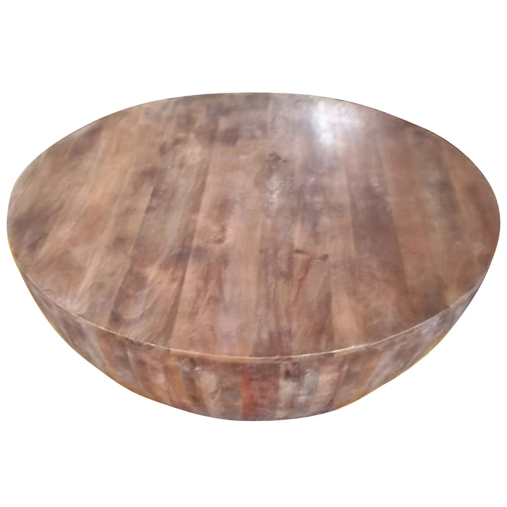Handcarved Drum Shape Round Top Mango Wood Distressed Wooden Coffee Table T797