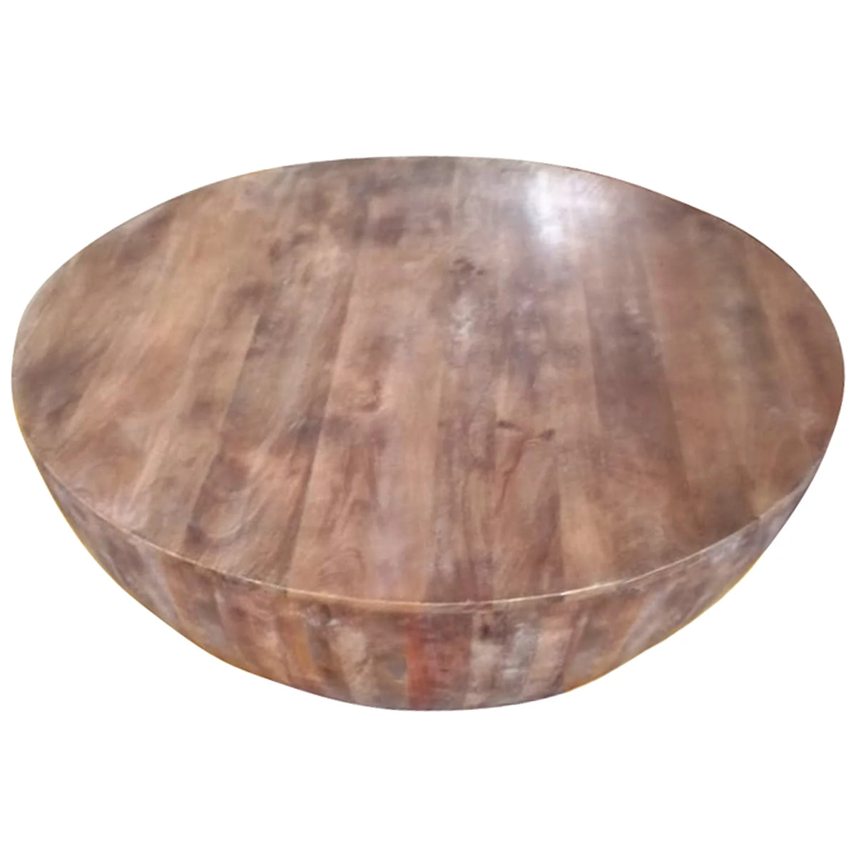 Handcarved Drum Shape Round Top Mango Wood Distressed Wooden Coffee Table T797