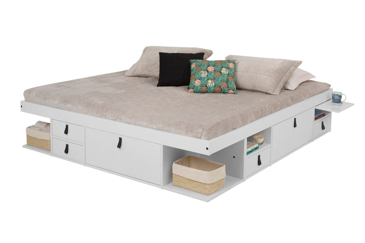 White King Size Storage Platform Bed with Drawers J307