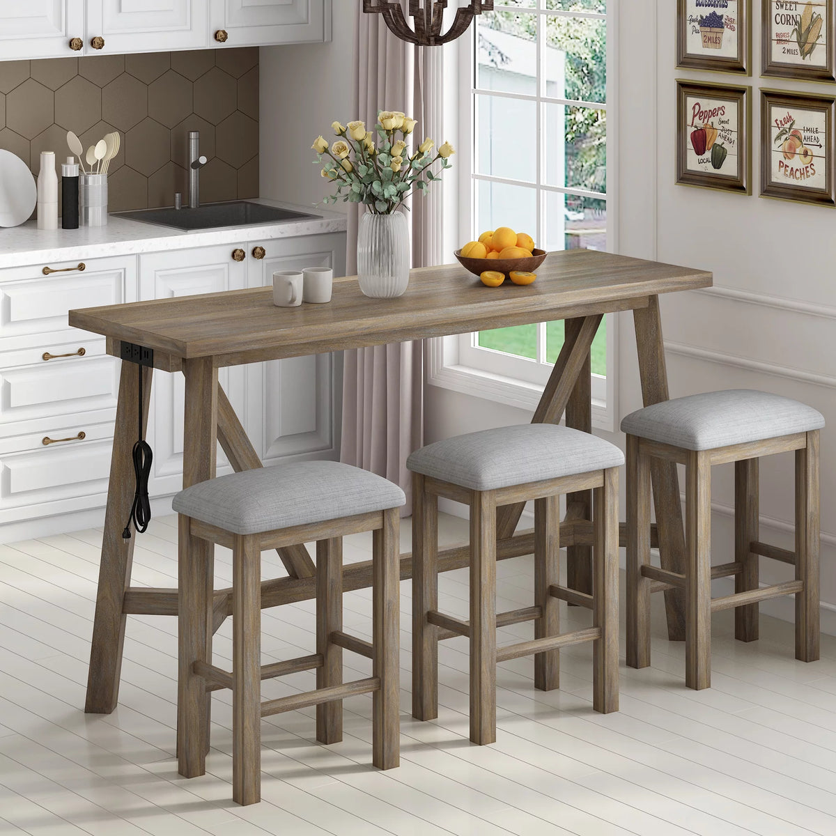 Natural Wood Wash Dining Bar Table Set with 3 Upholstered Stools P517029