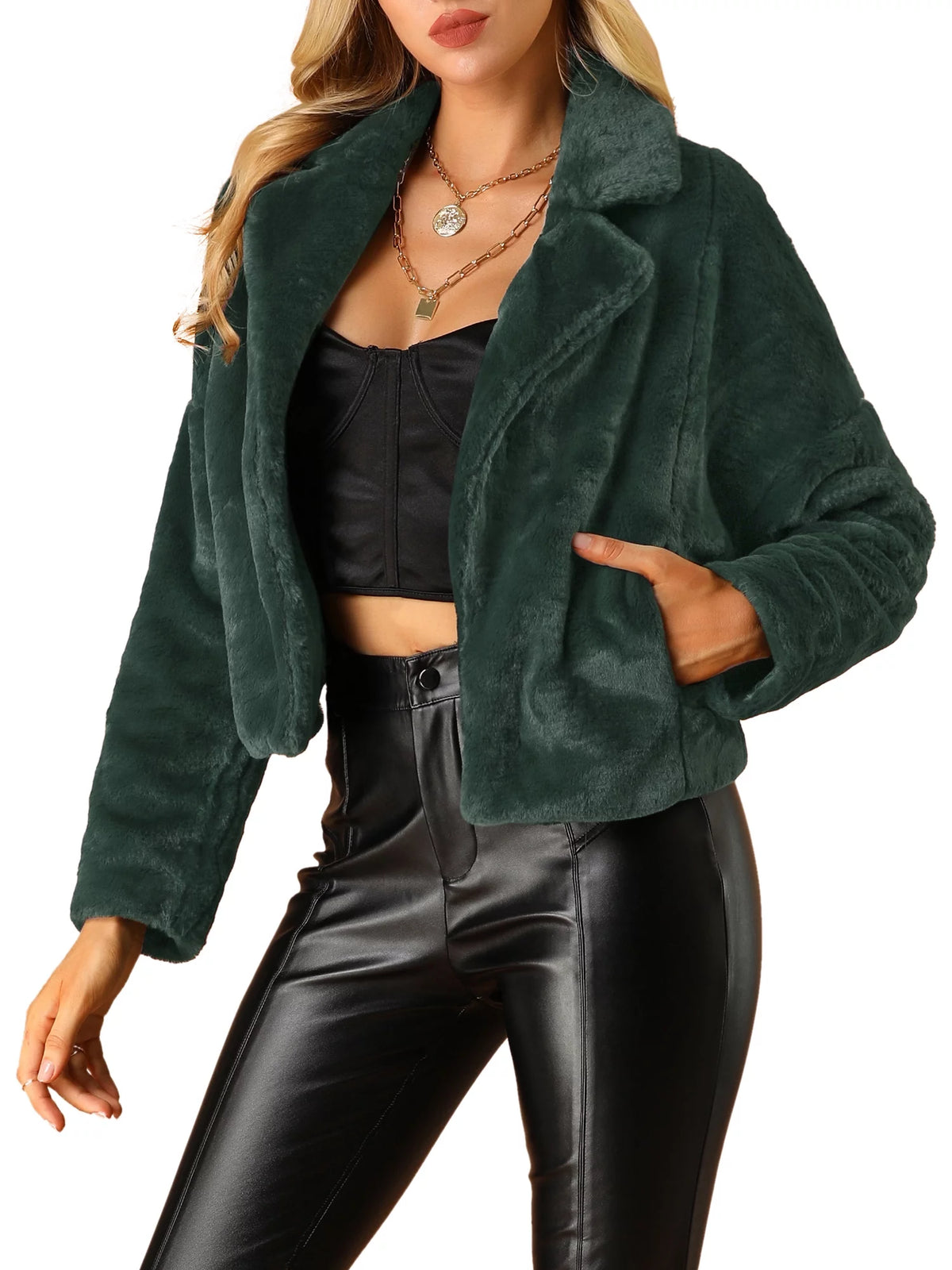 Loose Faux Fur Cropped Jacket Coat Dark Green X770225