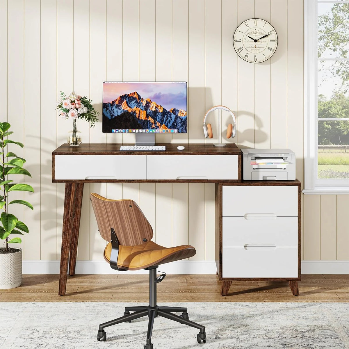 Modern Computer Desk with 5 Drawers, Reversible Study Writing Table, Brown & White M2439