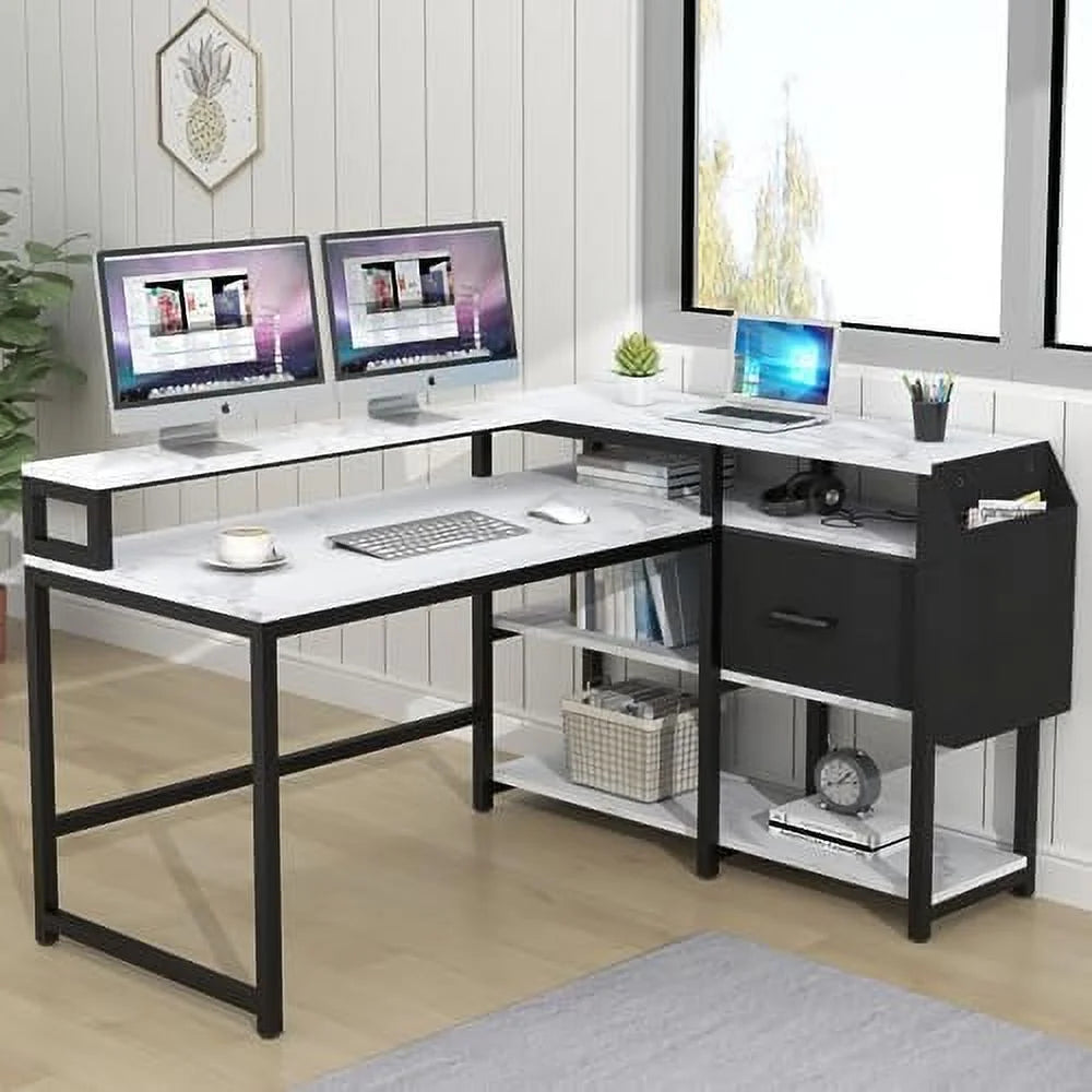 Reversible L Shaped Desk with Drawer 55" W x 41" D Industrial Corner Computer Desk with 4 Tier Shelves M42676